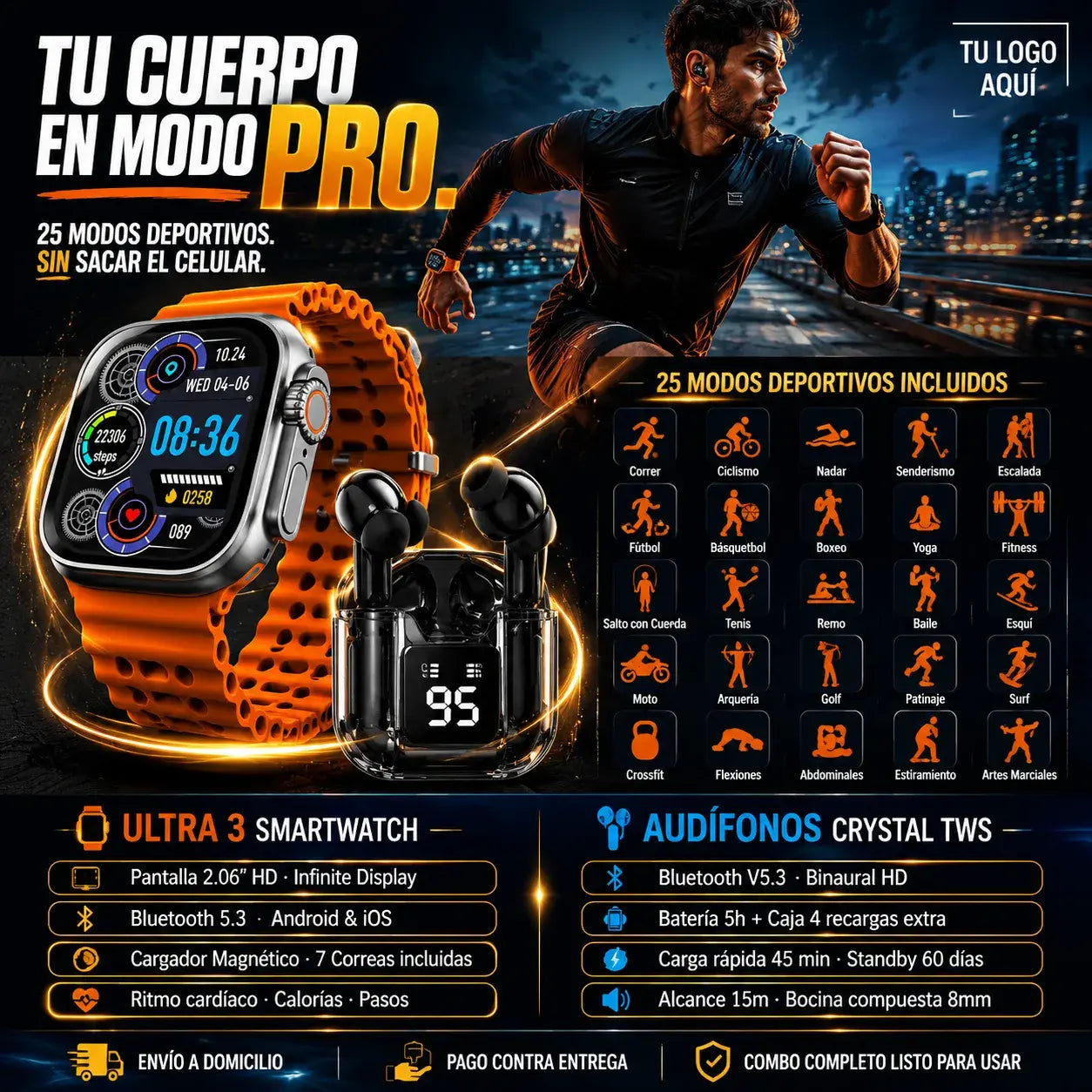 Smartwatch Ultra 3 +audifonos Ultrapods + 7 estilos + carga magnética + caja de presentación