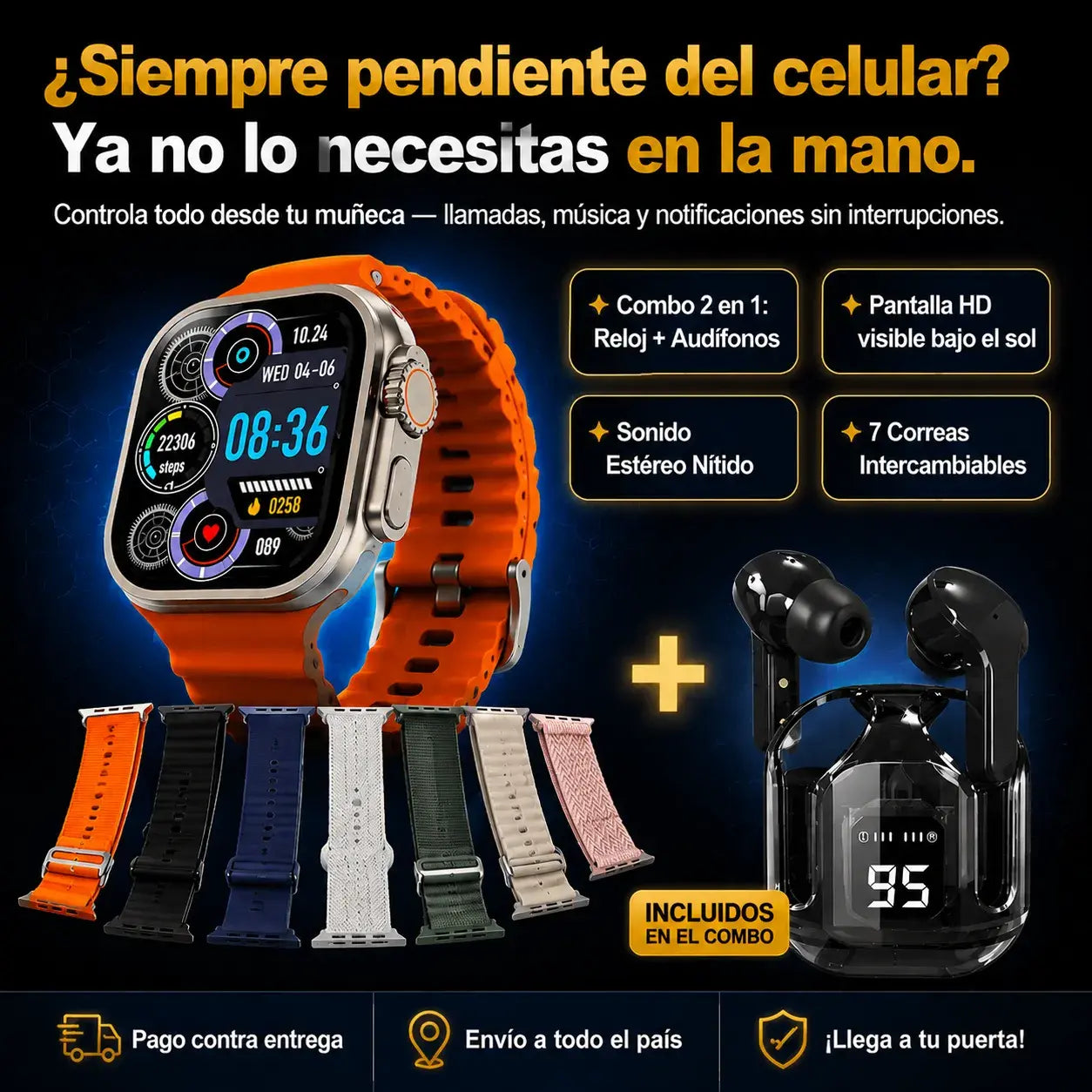Smartwatch Ultra 3 +audifonos Ultrapods + 7 estilos + carga magnética + caja de presentación