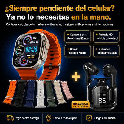 Smartwatch Ultra 3 +audifonos Ultrapods + 7 estilos + carga magnética + caja de presentación