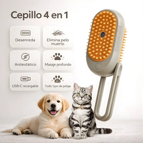 Cepillo inteligente 4 en 1 para mascotas + limpieza profunda sin tirones