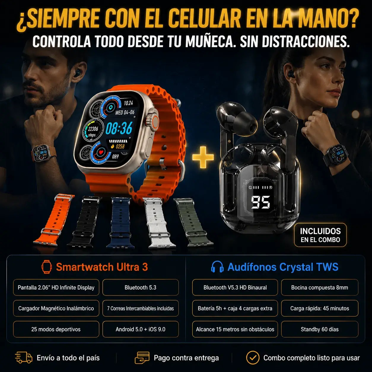 Smartwatch Ultra 3 +audifonos Ultrapods + 7 estilos + carga magnética + caja de presentación