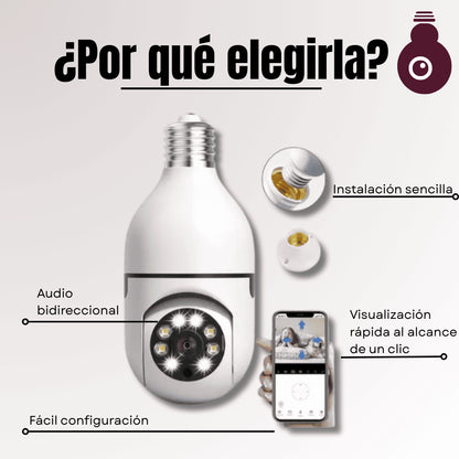 Cámara 360° HD con Visión Nocturna + Control por App + Instalación Tipo Bombillo