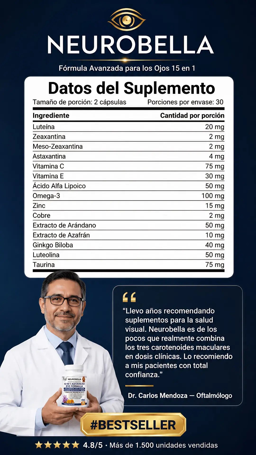 Suplemento visual Neurobella ® + 15 nutrientes clínicos- protege y restaura tu visión
