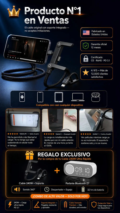 Cable de carga 240W ultra rápido + soporte invisible integrado + doble Tipo-C + regalo incluido