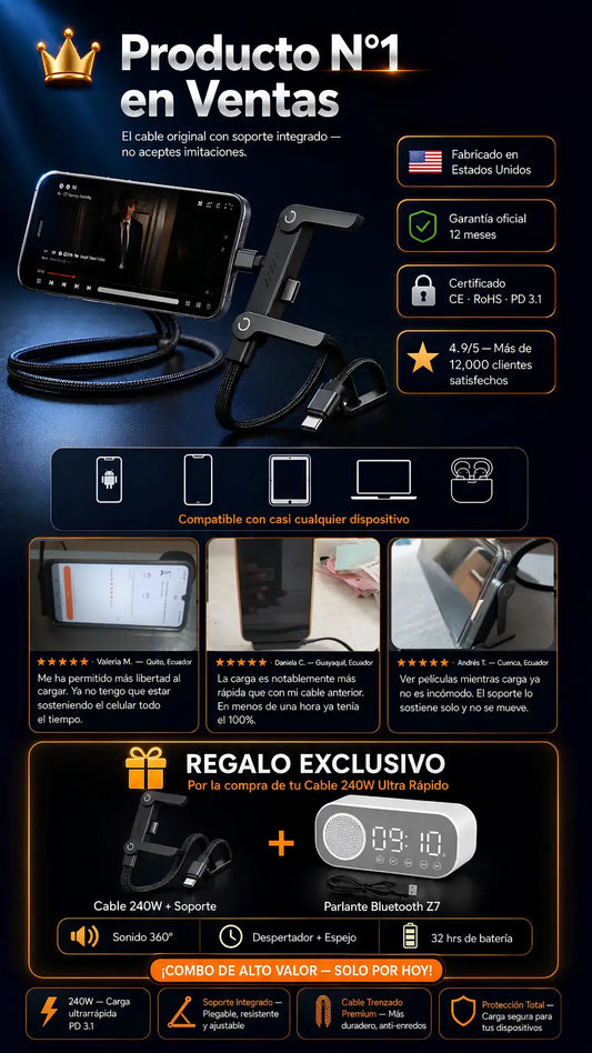 Cable de carga 240W ultra rápido + soporte invisible integrado + doble Tipo-C + regalo incluido