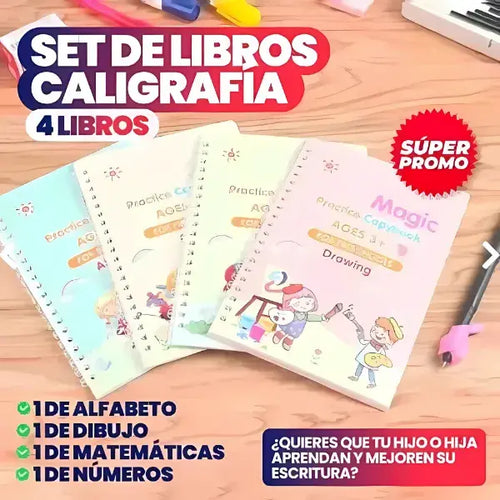 Set Educativo de Lujo +4 libros mágicos + escritura guiada + reutilizable + antiestrés infantil