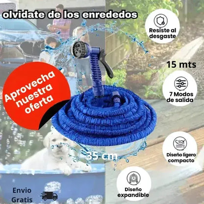 Kit premium de riego: Manguera 15M + pistola 7 funciones + accesorios + garantía