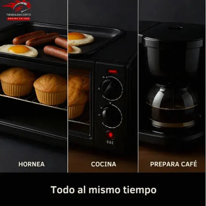 Horno 3 en 1 premium + plancha superior+tostador XL + Cafetera