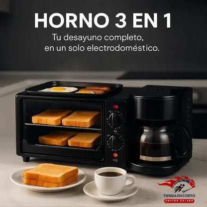 Horno 3 en 1 premium + plancha superior+tostador XL + Cafetera